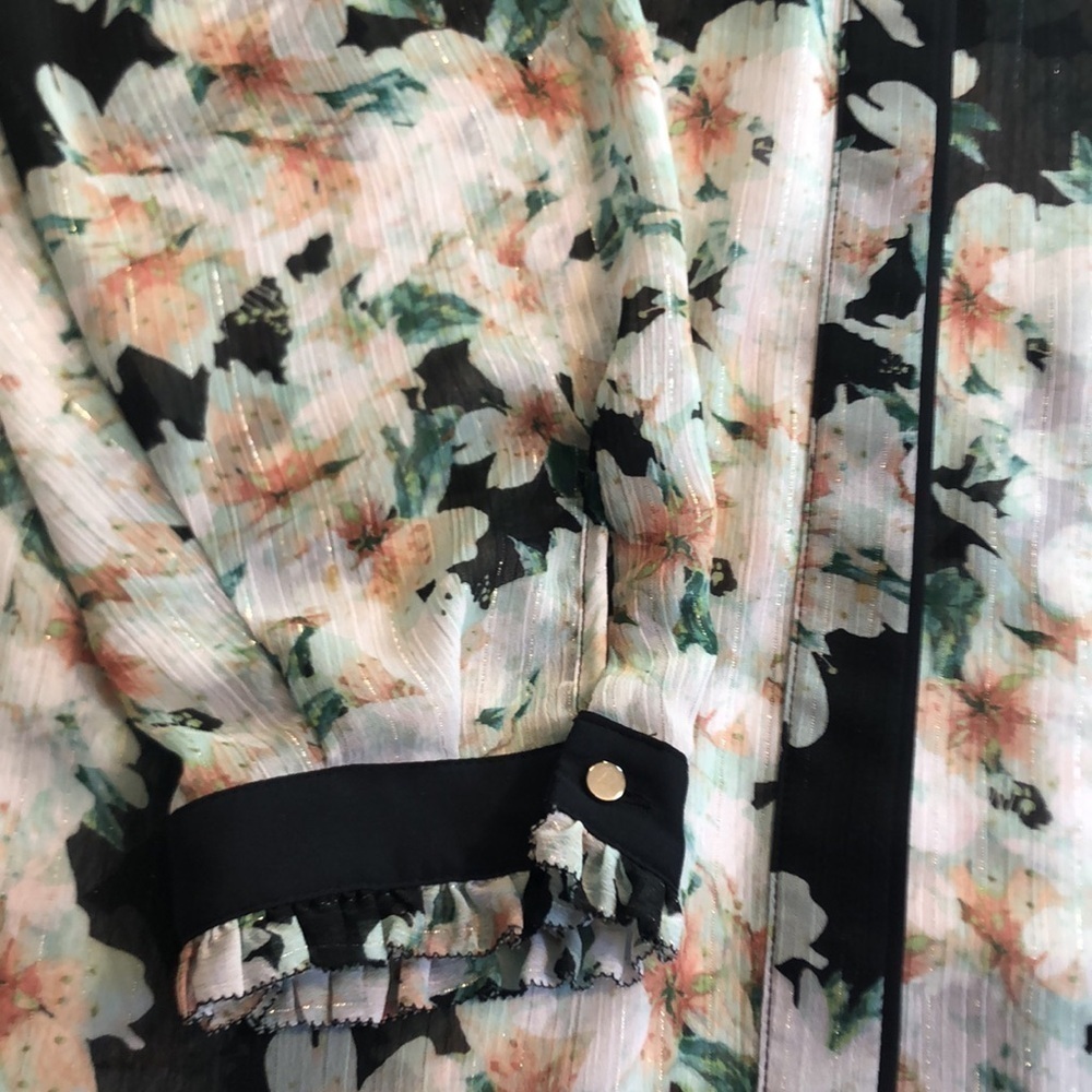 LIZ Claiborne 1X Sheer Blouse Floral PIT TO PIT 26"  corals, greens, Preworn - Picture 15 of 15